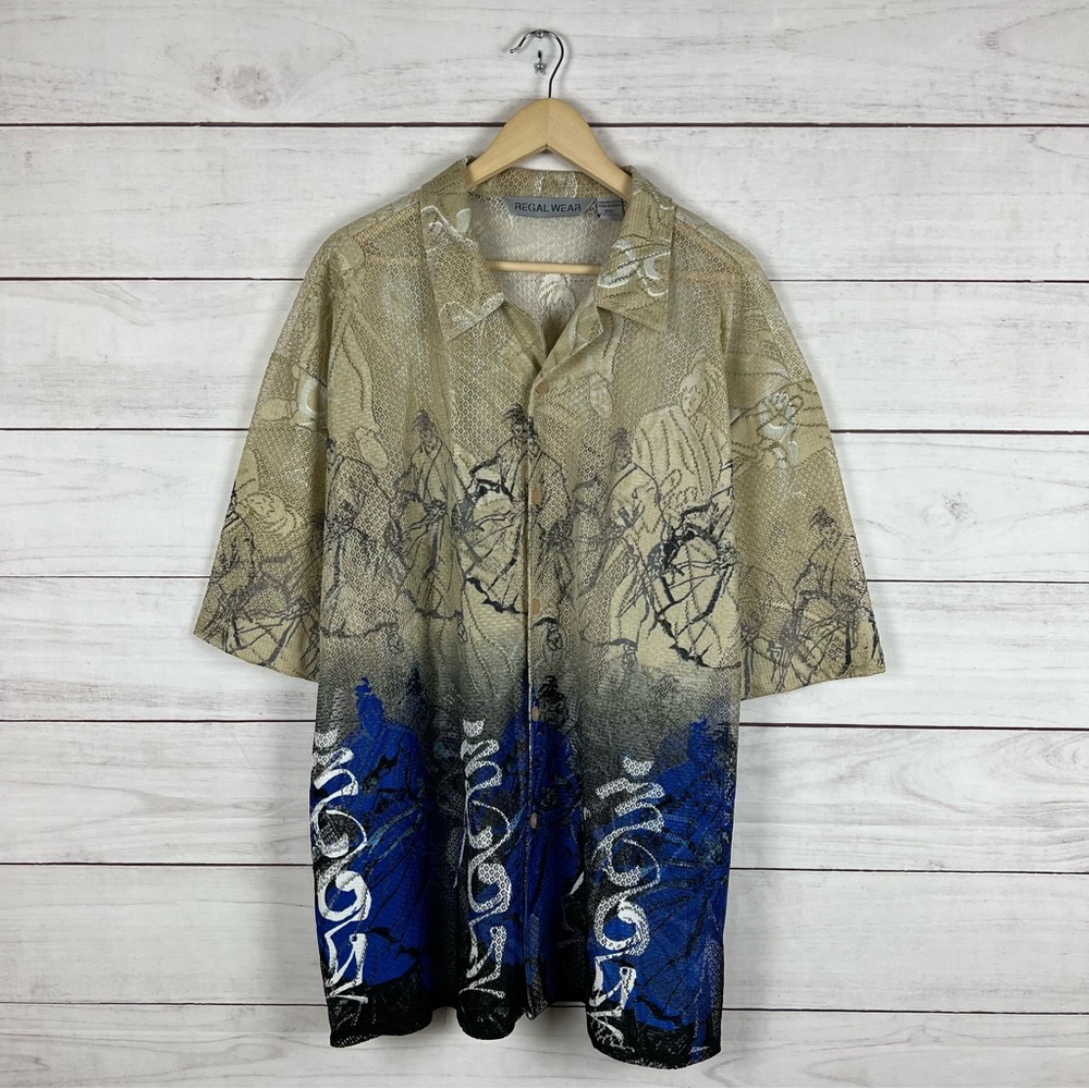 Vintage Y2K Samurai Regal Wear Mesh See Through Button Down Shirt XXL